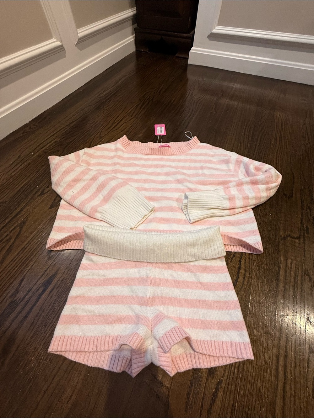 Edikted Pink and White Striped Knit Shorts Set